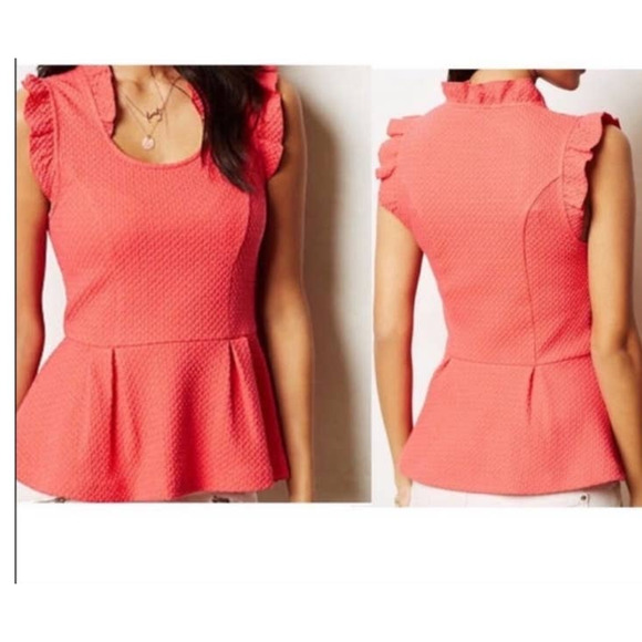 Anthropologie Postmark XS textured ruffle peplum coral top XS - Picture 1 of 6